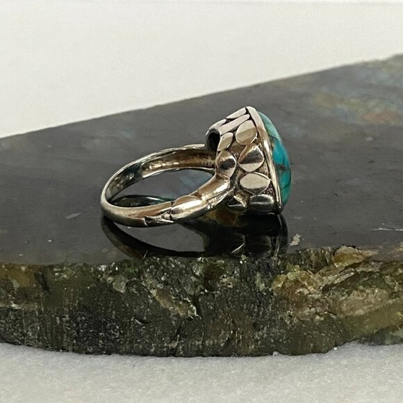 Sterling Silver 925 India Chunky Pebbled Bezel Set Square Turquoise Ring Sz 8 - Picture 2 of 16